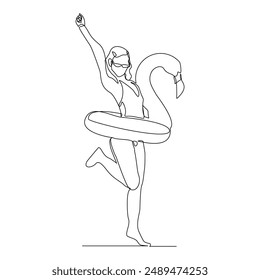 Continuous single line sketch drawing beach vacation summer travel woman relaxing with swimming pool inflatable flamingo float toy vector illustration