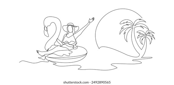 Dibujo continuo de una sola línea de dibujo de vacaciones de verano de la playa de viaje de la mujer con la piscina inflable flamenco flotador de juguete playa coco palmera y sombrilla sombrilla sombrilla Ilustración vectorial