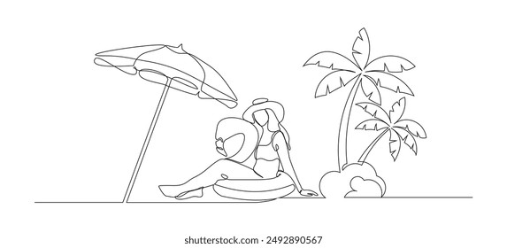 Continuous single line sketch drawing beach vacation summer travel woman with swimming pool inflatable flamingo float toy beach coconut palm tree and umbrella parasol sunshade vector illustration