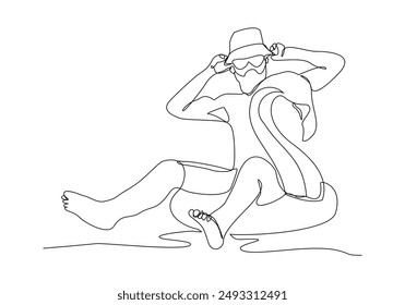 Continuous single line sketch drawing beach vacation summer travel man relaxing with swimming pool inflatable flamingo float toy vector illustration