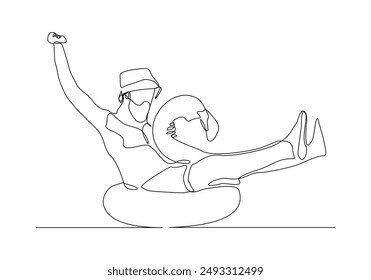 Continuous single line sketch drawing beach vacation summer travel man relaxing with swimming pool inflatable flamingo float toy vector illustration