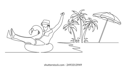 Continuous single line sketch drawing beach vacation summer travel man with swimming pool inflatable flamingo float toy beach coconut palm tree and umbrella parasol sunshade vector illustration