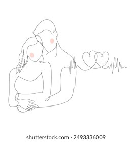 Continuous single line sketch drawing of romantic couple hugging together with love and hearts cardiogram symbol. One line art of embracing valentine couple romance concept vector illustration.
