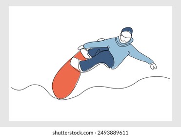 Continuous single line sketch drawing of man snowboarder ride speed at mountain. One line art of extreme sport winter snowboard vector illustration