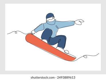 Continuous single line sketch drawing of man snowboarder ride speed at mountain. One line art of extreme sport winter snowboard vector illustration