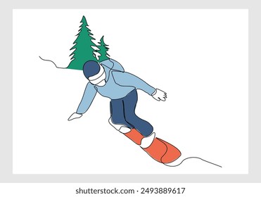 Continuous single line sketch drawing of man snowboarder ride speed at mountain. One line art of extreme sport winter snowboard vector illustration