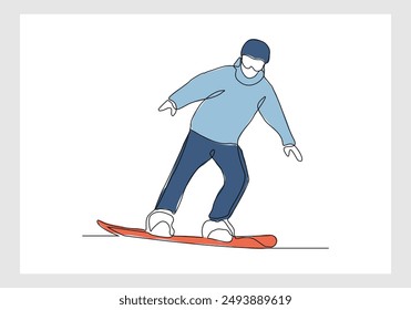 Continuous single line sketch drawing of man snowboarder ride speed at mountain. One line art of extreme sport winter snowboard vector illustration