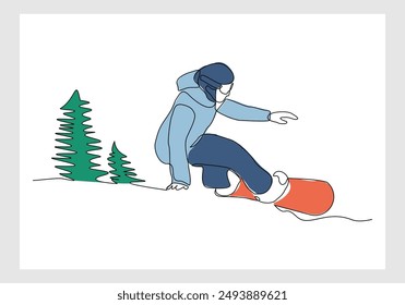 Continuous single line sketch drawing of man snowboarder ride speed at mountain. One line art of extreme sport winter snowboard vector illustration