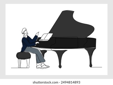 Continuous single line sketch drawing of professional pianist man playing classic piano orchestra. One line art of classic musician vector illustration