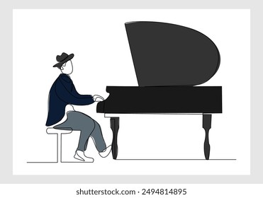 Continuous single line sketch drawing of professional pianist man playing classic piano orchestra. One line art of classic musician vector illustration