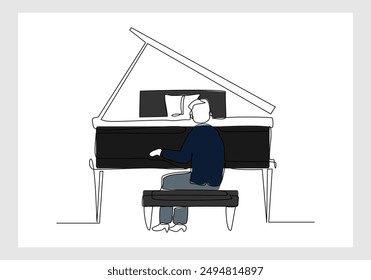 Continuous single line sketch drawing of professional pianist man playing classic piano orchestra. One line art of classic musician vector illustration