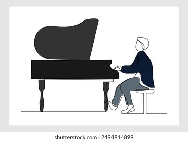 Continuous single line sketch drawing of professional pianist man playing classic piano orchestra. One line art of classic musician vector illustration