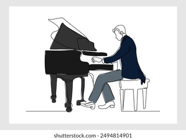 Continuous single line sketch drawing of professional pianist man playing classic piano orchestra. One line art of classic musician vector illustration