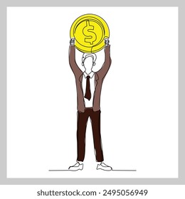 Continuous single line sketch drawing art of business man with big money coin. One line of loss dollar coins money vector illustration