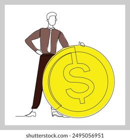 Dibujo de una sola línea continua del dibujo del hombre de negocios con la moneda del dinero grande. Una línea de pérdida de monedas de dólar Ilustración vectorial de dinero