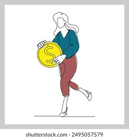 Continuous single line sketch drawing art of business woman with big money coin. One line of saving dollar coins money vector illustration