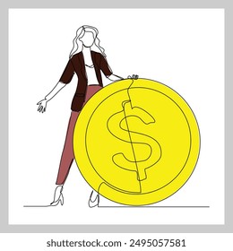Dibujo de una sola línea continua del dibujo de la mujer de negocios con la moneda del dinero grande. Una línea de Ilustración vectorial de dinero de monedas de dólar de ahorro