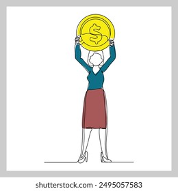 Kontinuierliche Single Line Skizze Zeichnung Kunst der Geschäftsfrau mit großem Geld Münze. Eine Linie der Rettung von Dollarmünzen Geld Vektorillustration