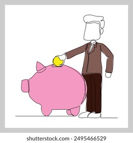 Continuous single line sketch drawing of business man save coin in piggy bank. Vector illustration of one line money investment financial economy