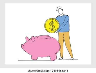 Continuous single line sketch drawing of business man save coin in piggy bank. Vector illustration of one line money investment financial economy