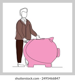 Speichern Kontinuierliche Skizze einer einzelnen Linie des Geschäftsmanns in Sparschwein. Vektorillustration einer Zeile Geldanlage Finanzwirtschaft