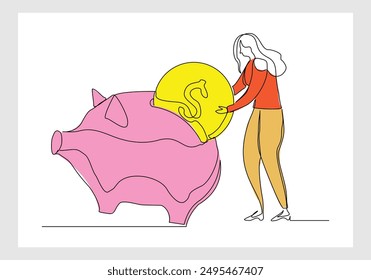 Continuous single line sketch drawing of business woman save coin in piggy bank. Vector illustration of one line money investment financial economy