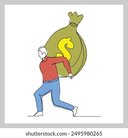 Continuous single line sketch drawing art of business man with big money bag. Vector illustration one line of bank savings dollar money