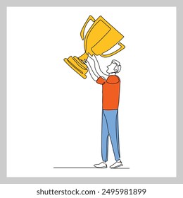 Continuous single line sketch drawing of business man successful achievement goal holding trophy reward. one line vector illustration success leader employee corporate celebration