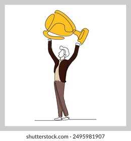 Dibujo continuo de boceto de una sola línea de hombre de negocios Objetivo de logro exitoso con recompensa de trofeo Líder de éxito de Ilustración vectorial de una línea Celebración corporativa de empleados