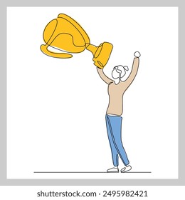 Continuous single line sketch drawing of business woman successful achievement goal holding trophy reward. one line vector illustration success leader employee corporate celebration