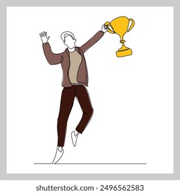 Continuous single line sketch drawing of business man successful achievement goal holding trophy reward. one line vector illustration success leader employee corporate celebration