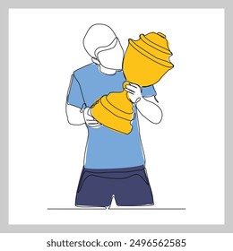 Continuous single line sketch drawing of business man successful achievement goal holding trophy reward. one line vector illustration success leader employee corporate celebration