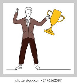 Continuous single line sketch drawing of business man successful achievement goal holding trophy reward. one line vector illustration success leader employee corporate celebration