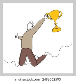Continuous single line sketch drawing of business man successful achievement goal holding trophy reward. one line vector illustration success leader employee corporate celebration