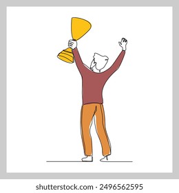 Continuous single line sketch drawing of business man successful achievement goal holding trophy reward. one line vector illustration success leader employee corporate celebration