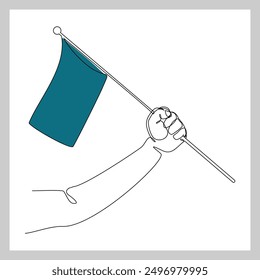 Continuous single line sketch drawing of hand holding flag show success victory work goal. Vector illustration one line of business achievement
