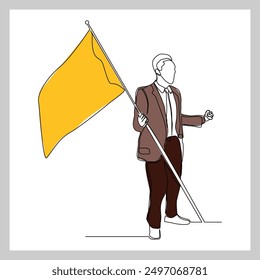 Dibujo continuo de boceto de una sola línea de hombre de negocios que sostiene la bandera muestra el éxito del objetivo de trabajo de victoria. Ilustración vectorial de una línea de logros comerciales