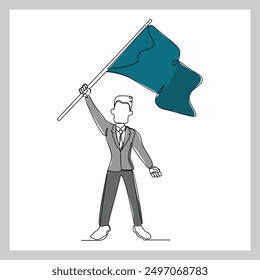 Continuous single line sketch drawing of business man holding flag show success victory work goal. Vector illustration one line of business achievement