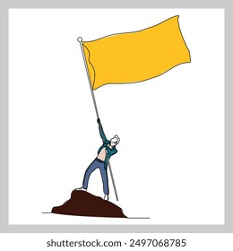Continuous single line sketch drawing of business man holding flag show success victory work goal. Vector illustration one line of business achievement