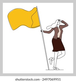 Dibujo continuo de boceto de una sola línea de mujer de negocios que sostiene la bandera muestra el éxito del objetivo de trabajo de victoria. Ilustración vectorial de una línea de logros comerciales