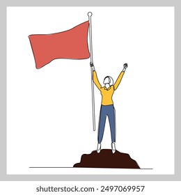 Dibujo continuo de boceto de una sola línea de mujer de negocios que sostiene la bandera muestra el éxito del objetivo de trabajo de victoria. Ilustración vectorial de una línea de logros comerciales