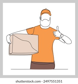 Continuous single line sketch drawing of delivery courier man holding cardboard box package container order. One line delivery shipment worker people vector illustration