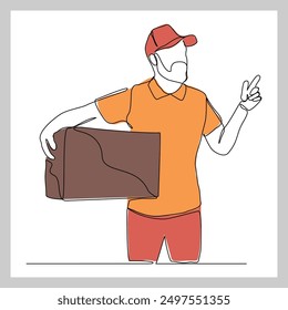 Continuous single line sketch drawing of delivery courier man holding cardboard box package container order. One line delivery shipment worker people vector illustration