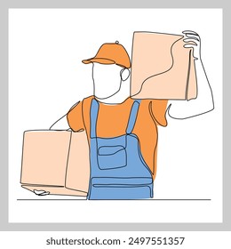 Kontinuierliche einzeilige Skizze der Lieferung Kurier Mann hält Karton Verpackung Container bestellen. Eine Zeile Lieferung Arbeiter Menschen Vektorgrafik