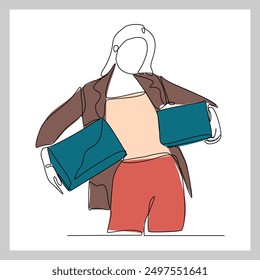 Continuous single line sketch drawing of delivery courier woman holding cardboard box package container order. One line delivery shipment worker people vector illustration