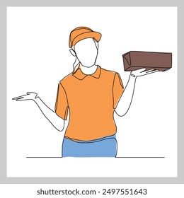 Continuous single line sketch drawing of delivery courier woman holding cardboard box package container order. One line delivery shipment worker people vector illustration