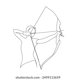 Continuous single line sketch drawing of professional archer bow athlete aiming target. One line art of sport hobby archery concept vector illustration.