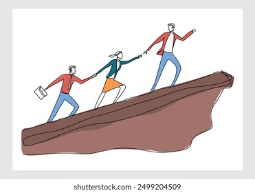 Continuous single line sketch drawing group of people man woman helping each other hike up a mountain. One line art business, success, leadership, achievement and goal