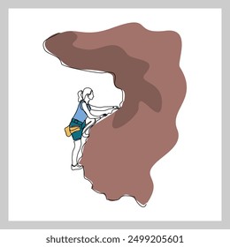 Continuous single line sketch drawing of woman climbing a cliff mountain. One line extreme dangerous sport activity vector illustration