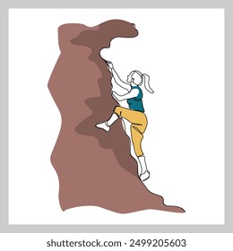 Continuous single line sketch drawing of woman climbing a cliff mountain. One line extreme dangerous sport activity vector illustration